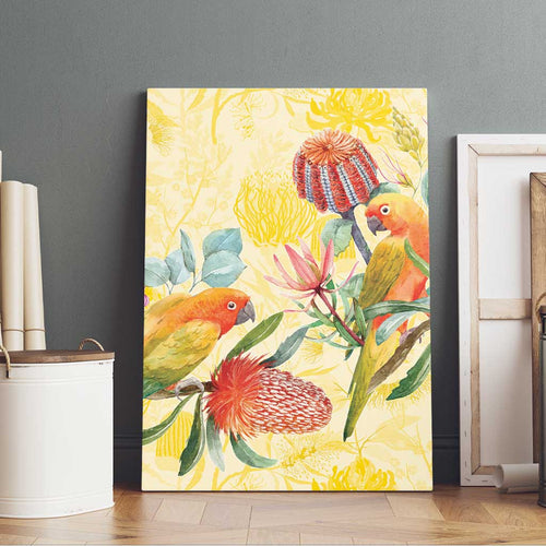 Birds and Floral Aussie Lorikeet Canvas Wall Art Pastel Yellow - Aussie Hoodie