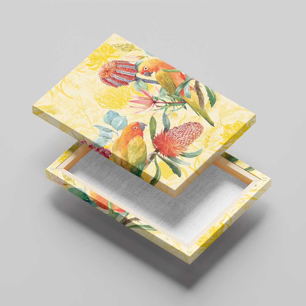 Birds and Floral Aussie Lorikeet Canvas Wall Art Pastel Yellow - Aussie Hoodie