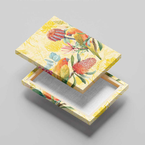 Birds and Floral Aussie Lorikeet Canvas Wall Art Pastel Yellow - Aussie Hoodie