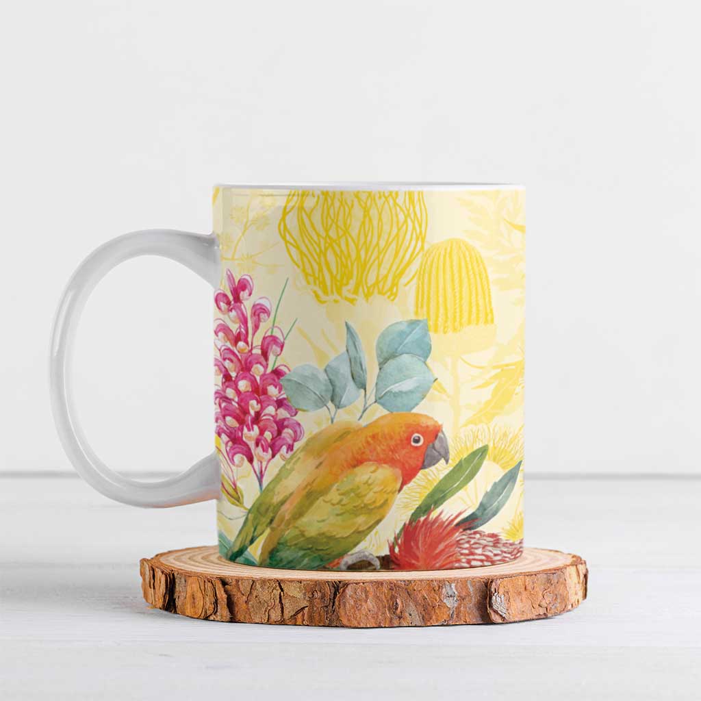 Birds and Floral Aussie Lorikeet Ceramic Mug Pastel Yellow - Aussie Hoodie