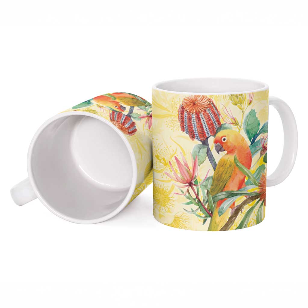 Birds and Floral Aussie Lorikeet Ceramic Mug Pastel Yellow - Aussie Hoodie