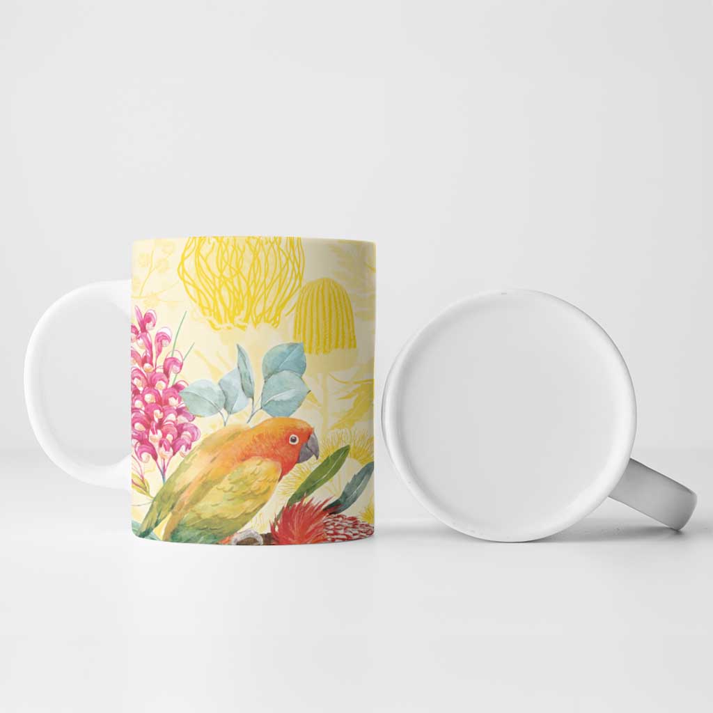 Birds and Floral Aussie Lorikeet Ceramic Mug Pastel Yellow - Aussie Hoodie