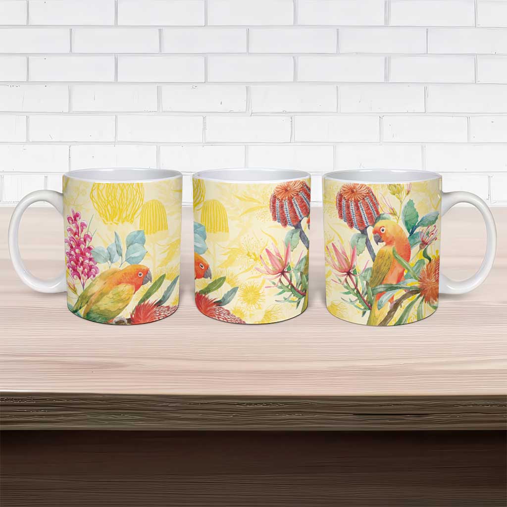 Birds and Floral Aussie Lorikeet Ceramic Mug Pastel Yellow - Aussie Hoodie
