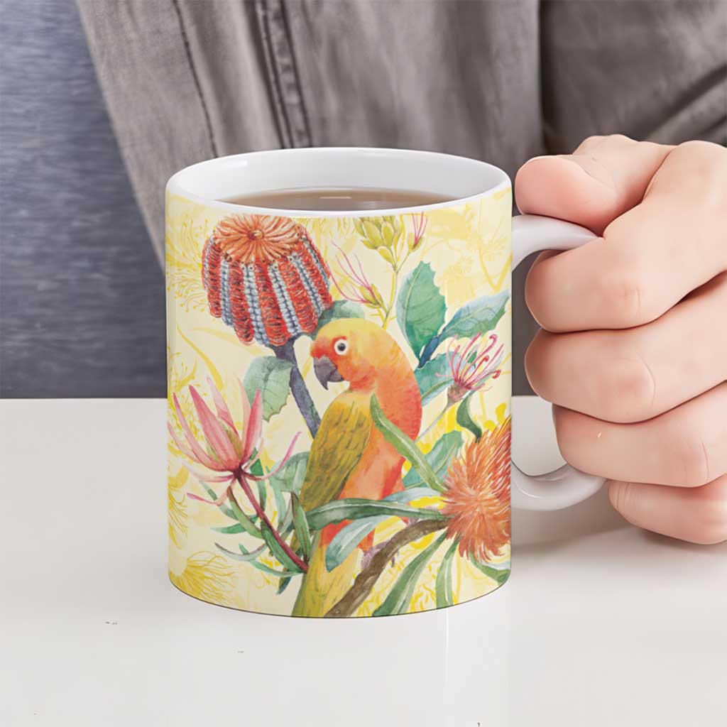 Birds and Floral Aussie Lorikeet Ceramic Mug Pastel Yellow - Aussie Hoodie