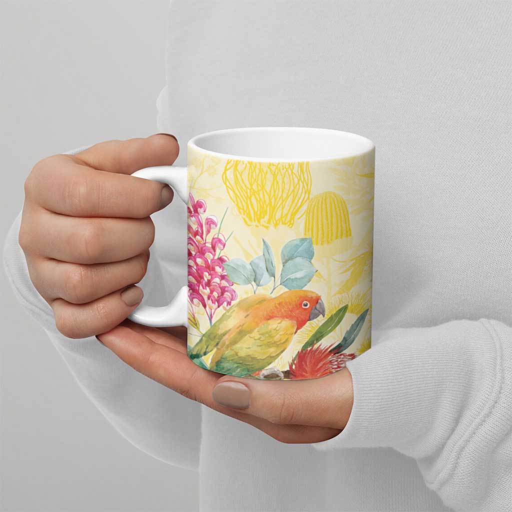 Birds and Floral Aussie Lorikeet Ceramic Mug Pastel Yellow - Aussie Hoodie