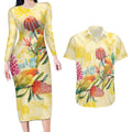 Birds and Floral Aussie Lorikeet Couples Matching Long Sleeve Bodycon Dress and Hawaiian Shirt Pastel Yellow - Aussie Hoodie