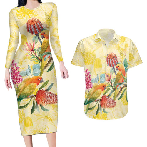 Birds and Floral Aussie Lorikeet Couples Matching Long Sleeve Bodycon Dress and Hawaiian Shirt Pastel Yellow - Aussie Hoodie