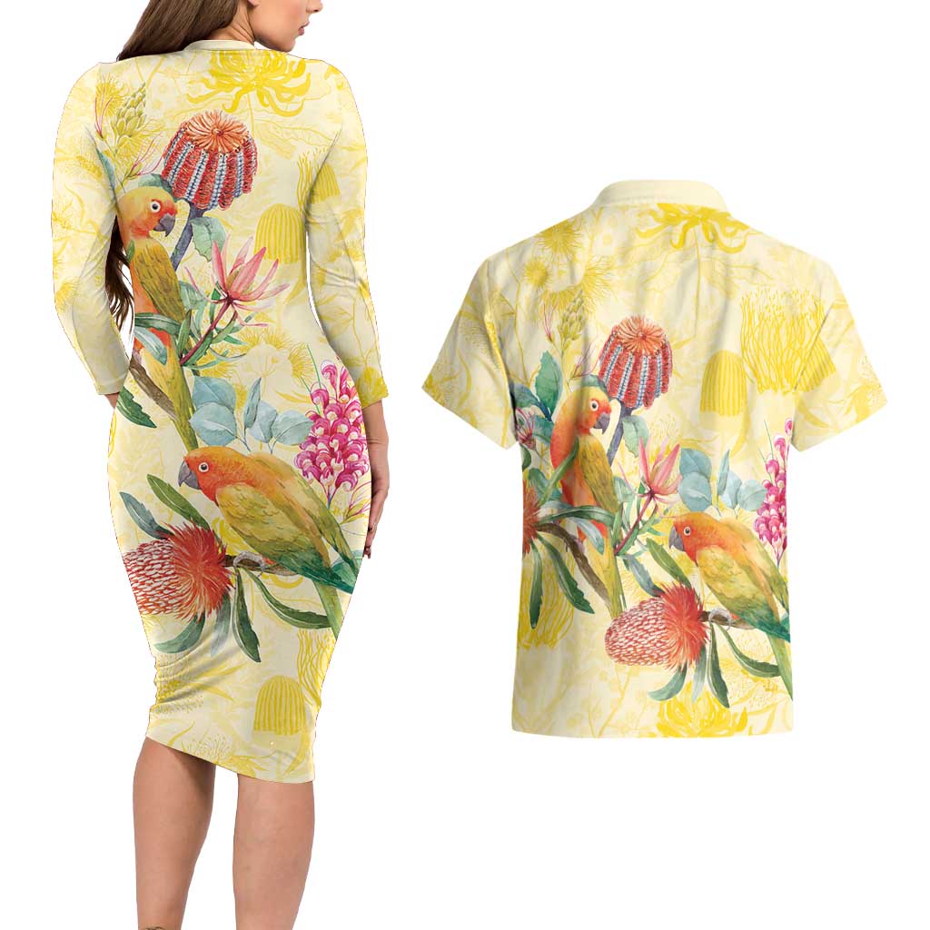 Birds and Floral Aussie Lorikeet Couples Matching Long Sleeve Bodycon Dress and Hawaiian Shirt Pastel Yellow - Aussie Hoodie