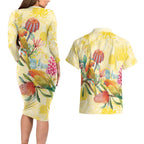 Birds and Floral Aussie Lorikeet Couples Matching Long Sleeve Bodycon Dress and Hawaiian Shirt Pastel Yellow - Aussie Hoodie