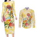 Birds and Floral Aussie Lorikeet Couples Matching Long Sleeve Bodycon Dress and Long Sleeve Button Shirt Pastel Yellow - Aussie Hoodie