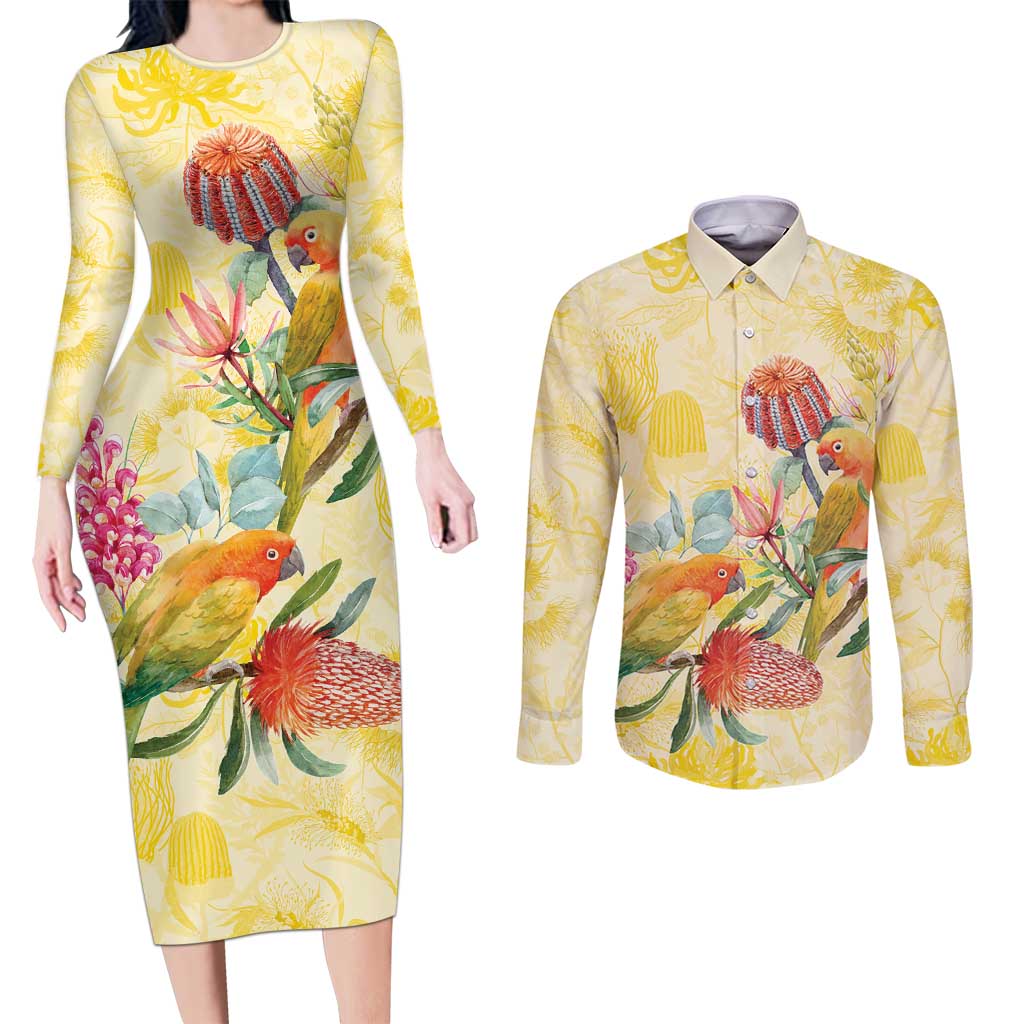 Birds and Floral Aussie Lorikeet Couples Matching Long Sleeve Bodycon Dress and Long Sleeve Button Shirt Pastel Yellow - Aussie Hoodie