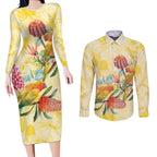 Birds and Floral Aussie Lorikeet Couples Matching Long Sleeve Bodycon Dress and Long Sleeve Button Shirt Pastel Yellow - Aussie Hoodie