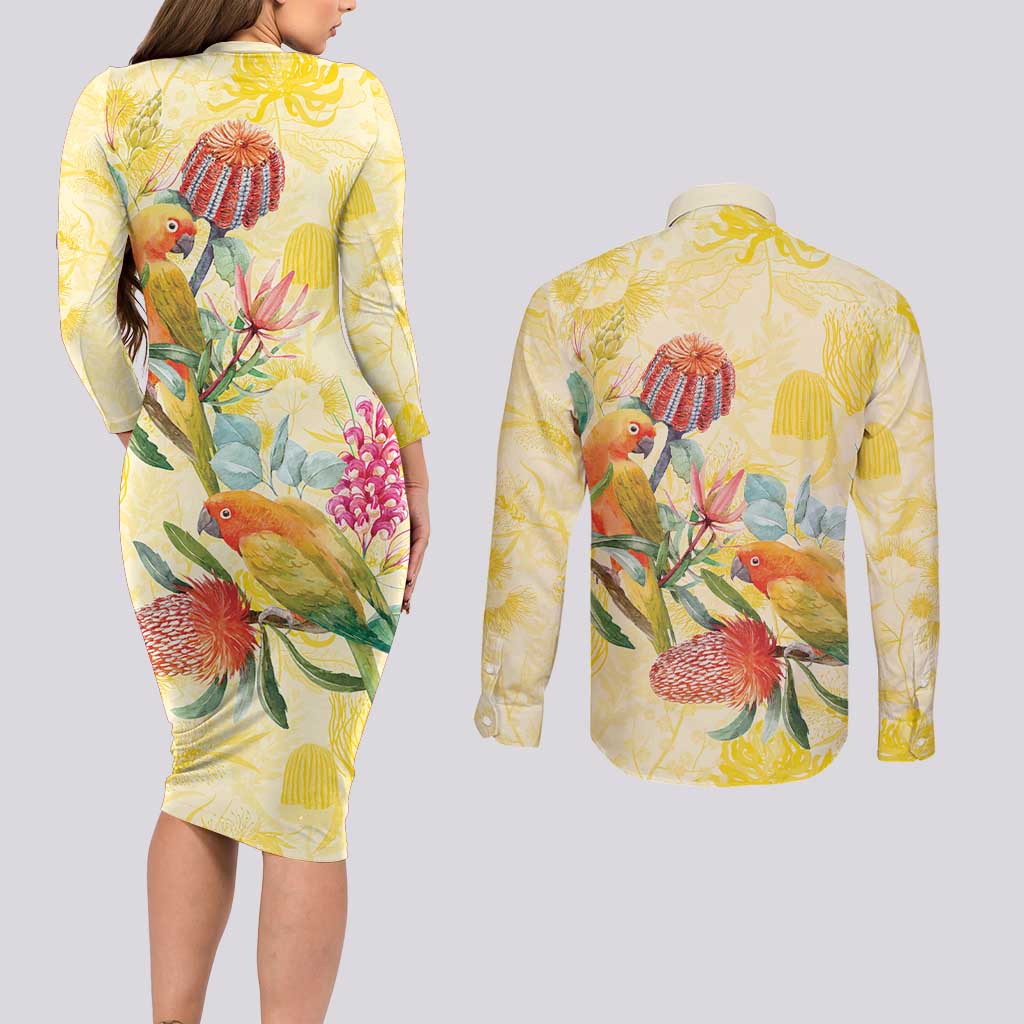 Birds and Floral Aussie Lorikeet Couples Matching Long Sleeve Bodycon Dress and Long Sleeve Button Shirt Pastel Yellow - Aussie Hoodie