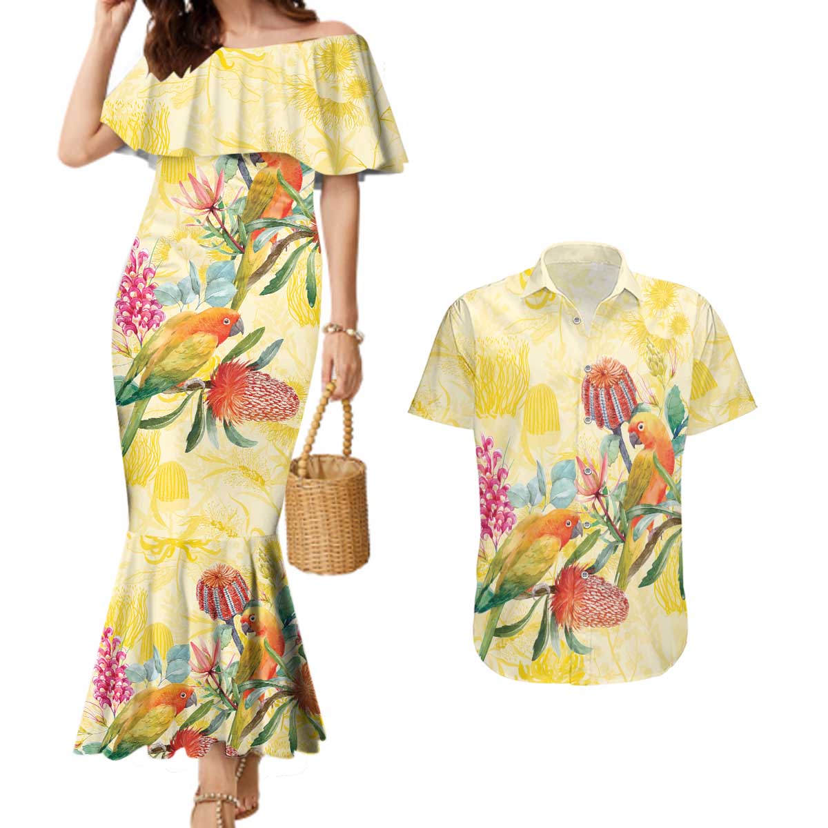 Birds and Floral Aussie Lorikeet Couples Matching Mermaid Dress and Hawaiian Shirt Pastel Yellow - Aussie Hoodie