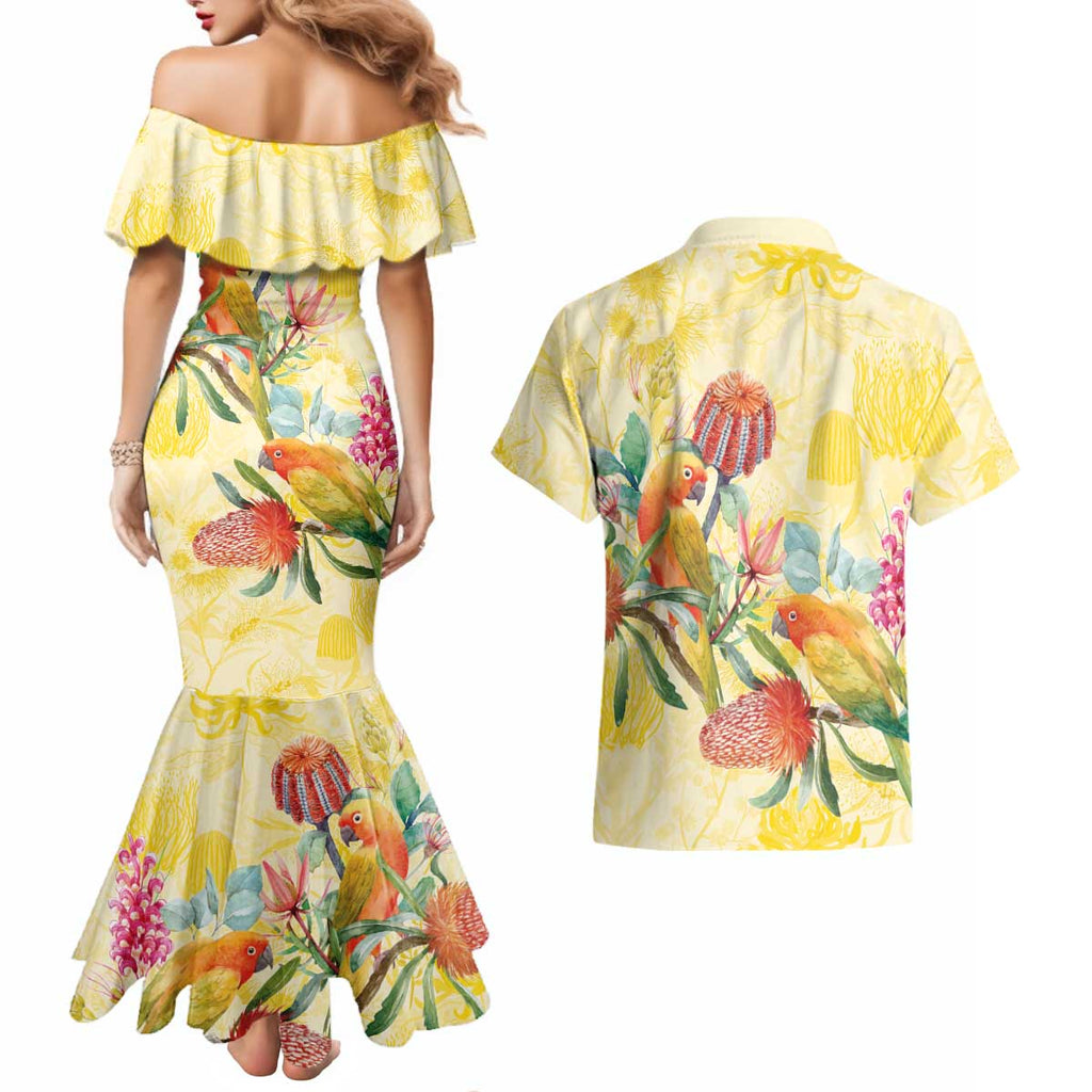 Birds and Floral Aussie Lorikeet Couples Matching Mermaid Dress and Hawaiian Shirt Pastel Yellow - Aussie Hoodie