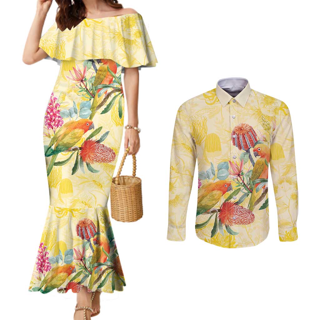 Birds and Floral Aussie Lorikeet Couples Matching Mermaid Dress and Long Sleeve Button Shirt Pastel Yellow - Aussie Hoodie