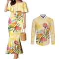 Birds and Floral Aussie Lorikeet Couples Matching Mermaid Dress and Long Sleeve Button Shirt Pastel Yellow - Aussie Hoodie