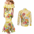 Birds and Floral Aussie Lorikeet Couples Matching Mermaid Dress and Long Sleeve Button Shirt Pastel Yellow - Aussie Hoodie