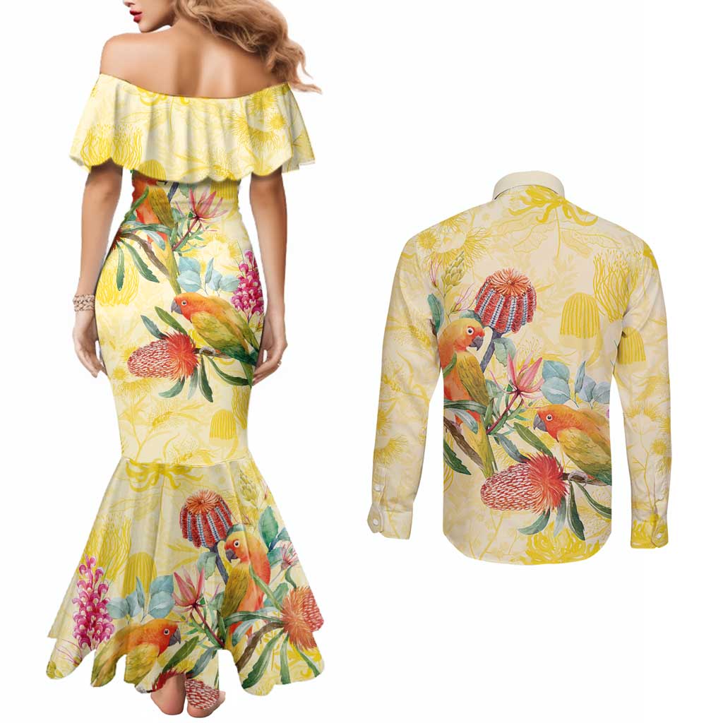 Birds and Floral Aussie Lorikeet Couples Matching Mermaid Dress and Long Sleeve Button Shirt Pastel Yellow - Aussie Hoodie