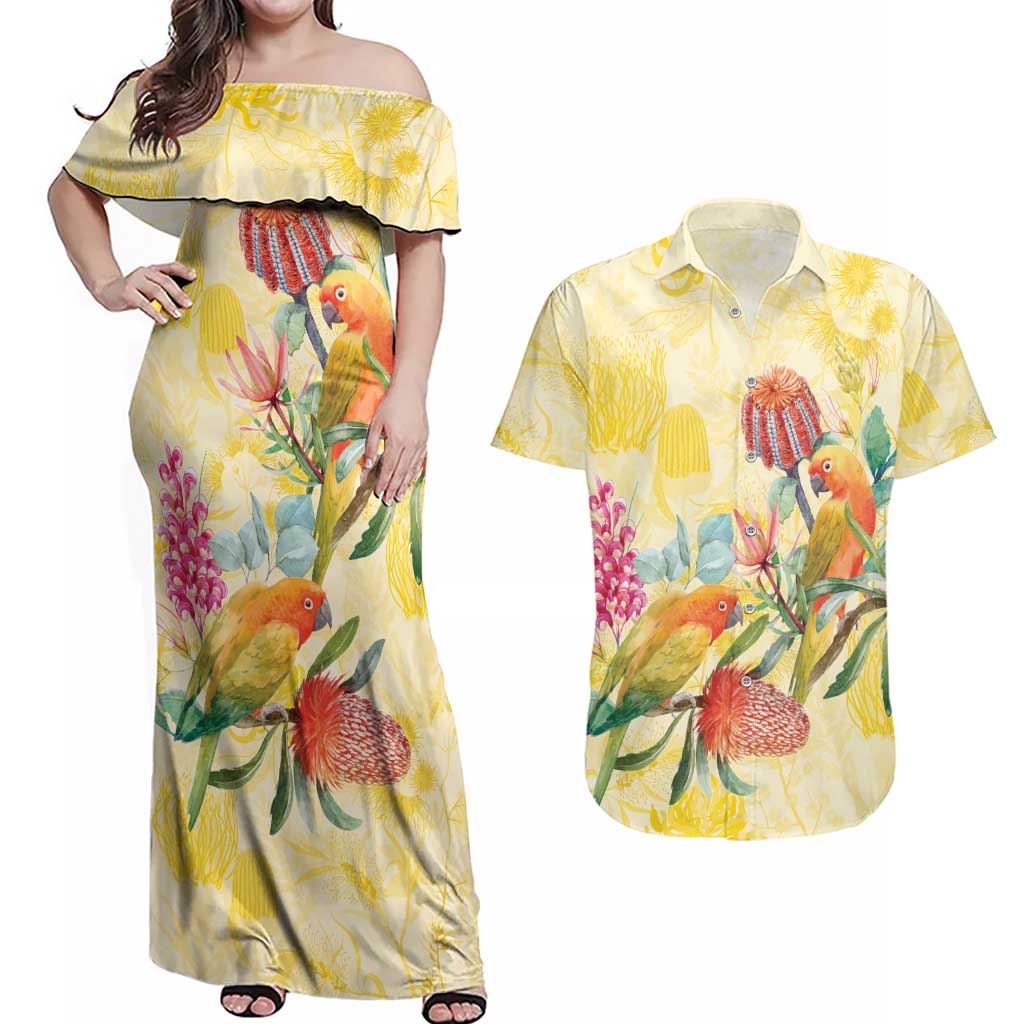 Birds and Floral Aussie Lorikeet Couples Matching Off Shoulder Maxi Dress and Hawaiian Shirt Pastel Yellow - Aussie Hoodie