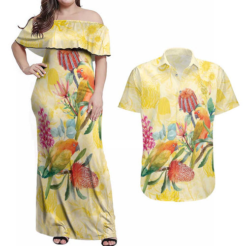 Birds and Floral Aussie Lorikeet Couples Matching Off Shoulder Maxi Dress and Hawaiian Shirt Pastel Yellow - Aussie Hoodie