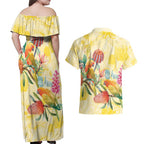 Birds and Floral Aussie Lorikeet Couples Matching Off Shoulder Maxi Dress and Hawaiian Shirt Pastel Yellow - Aussie Hoodie