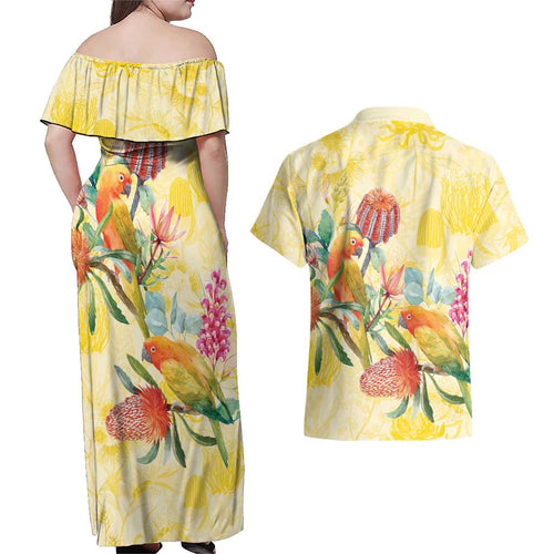 Birds and Floral Aussie Lorikeet Couples Matching Off Shoulder Maxi Dress and Hawaiian Shirt Pastel Yellow - Aussie Hoodie