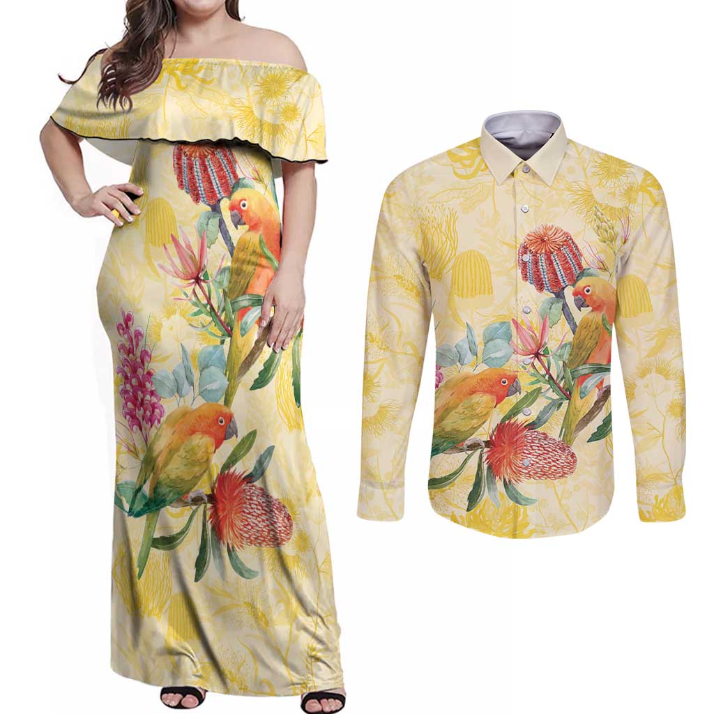 Birds and Floral Aussie Lorikeet Couples Matching Off Shoulder Maxi Dress and Long Sleeve Button Shirt Pastel Yellow - Aussie Hoodie