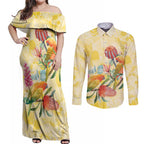 Birds and Floral Aussie Lorikeet Couples Matching Off Shoulder Maxi Dress and Long Sleeve Button Shirt Pastel Yellow - Aussie Hoodie