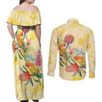 Birds and Floral Aussie Lorikeet Couples Matching Off Shoulder Maxi Dress and Long Sleeve Button Shirt Pastel Yellow - Aussie Hoodie