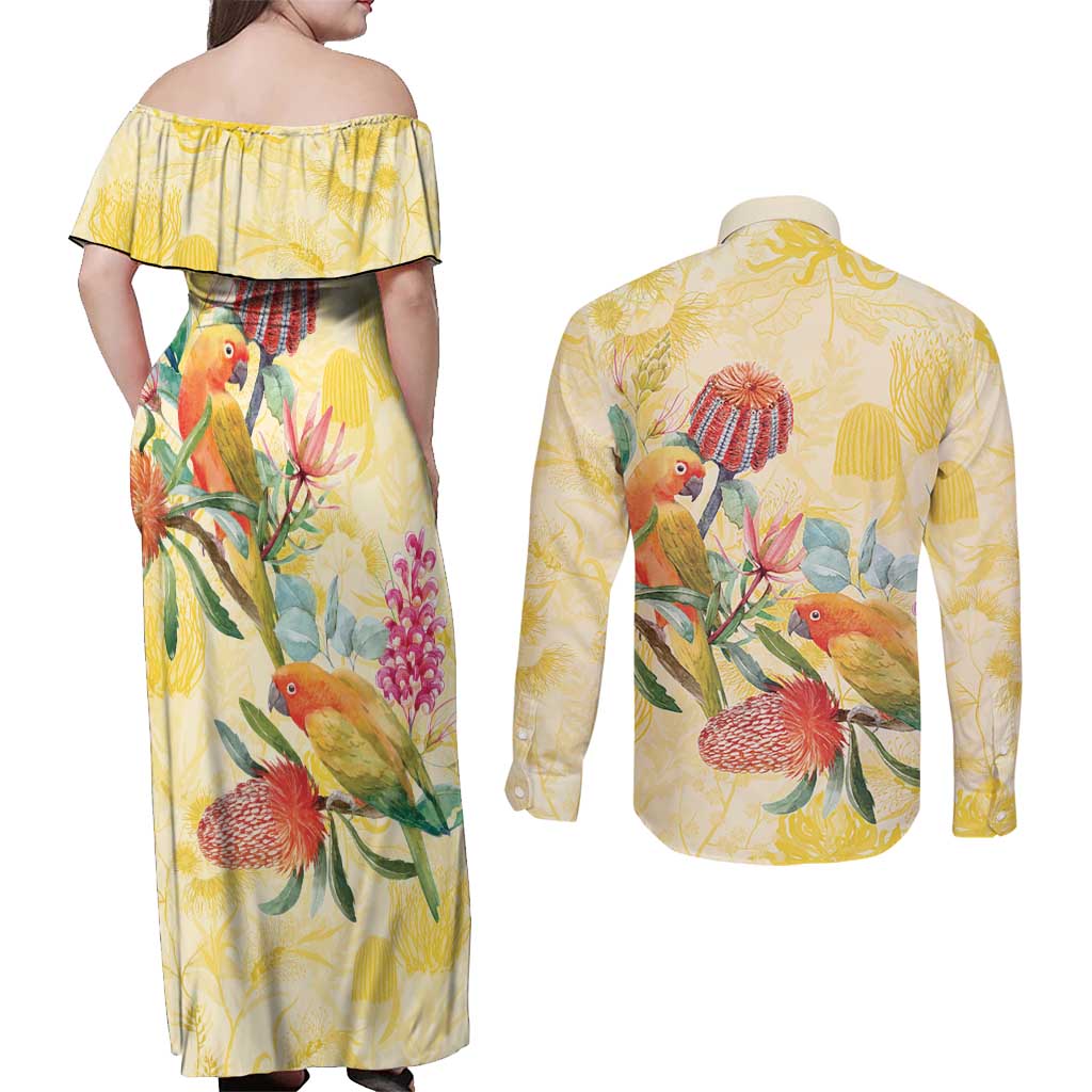 Birds and Floral Aussie Lorikeet Couples Matching Off Shoulder Maxi Dress and Long Sleeve Button Shirt Pastel Yellow - Aussie Hoodie