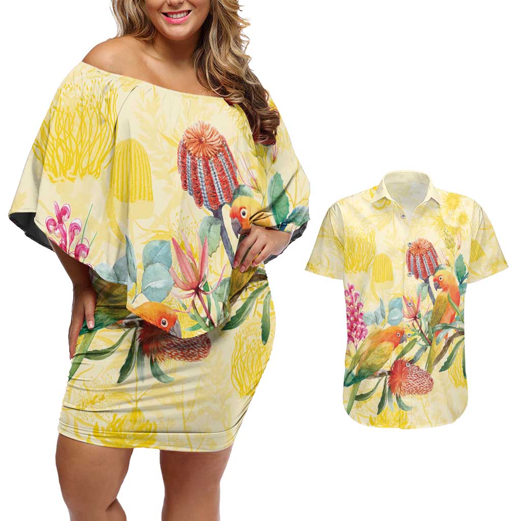 Birds and Floral Aussie Lorikeet Couples Matching Off Shoulder Short Dress and Hawaiian Shirt Pastel Yellow - Aussie Hoodie