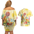 Birds and Floral Aussie Lorikeet Couples Matching Off Shoulder Short Dress and Hawaiian Shirt Pastel Yellow - Aussie Hoodie