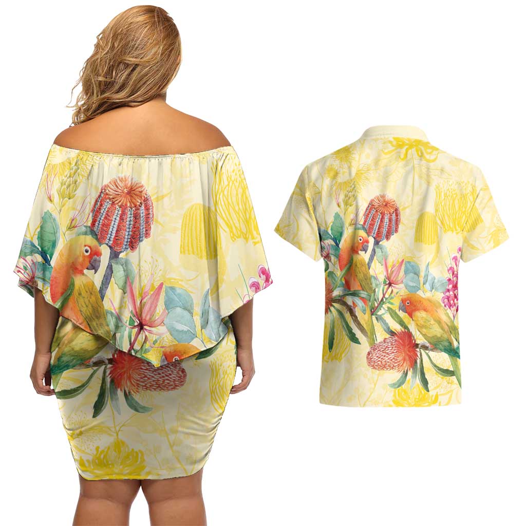 Birds and Floral Aussie Lorikeet Couples Matching Off Shoulder Short Dress and Hawaiian Shirt Pastel Yellow - Aussie Hoodie