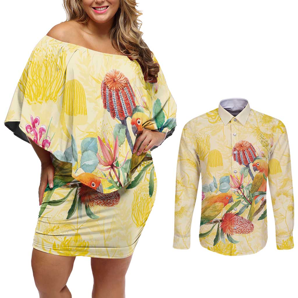Birds and Floral Aussie Lorikeet Couples Matching Off Shoulder Short Dress and Long Sleeve Button Shirt Pastel Yellow - Aussie Hoodie
