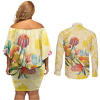 Birds and Floral Aussie Lorikeet Couples Matching Off Shoulder Short Dress and Long Sleeve Button Shirt Pastel Yellow - Aussie Hoodie