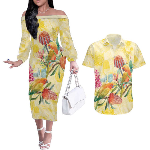 Birds and Floral Aussie Lorikeet Couples Matching Off The Shoulder Long Sleeve Dress and Hawaiian Shirt Pastel Yellow - Aussie Hoodie