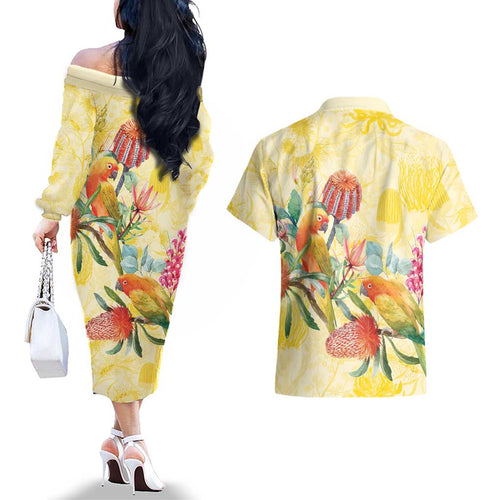 Birds and Floral Aussie Lorikeet Couples Matching Off The Shoulder Long Sleeve Dress and Hawaiian Shirt Pastel Yellow - Aussie Hoodie