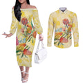 Birds and Floral Aussie Lorikeet Couples Matching Off The Shoulder Long Sleeve Dress and Long Sleeve Button Shirt Pastel Yellow - Aussie Hoodie