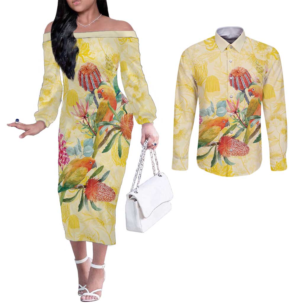 Birds and Floral Aussie Lorikeet Couples Matching Off The Shoulder Long Sleeve Dress and Long Sleeve Button Shirt Pastel Yellow - Aussie Hoodie