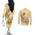 Birds and Floral Aussie Lorikeet Couples Matching Off The Shoulder Long Sleeve Dress and Long Sleeve Button Shirt Pastel Yellow - Aussie Hoodie