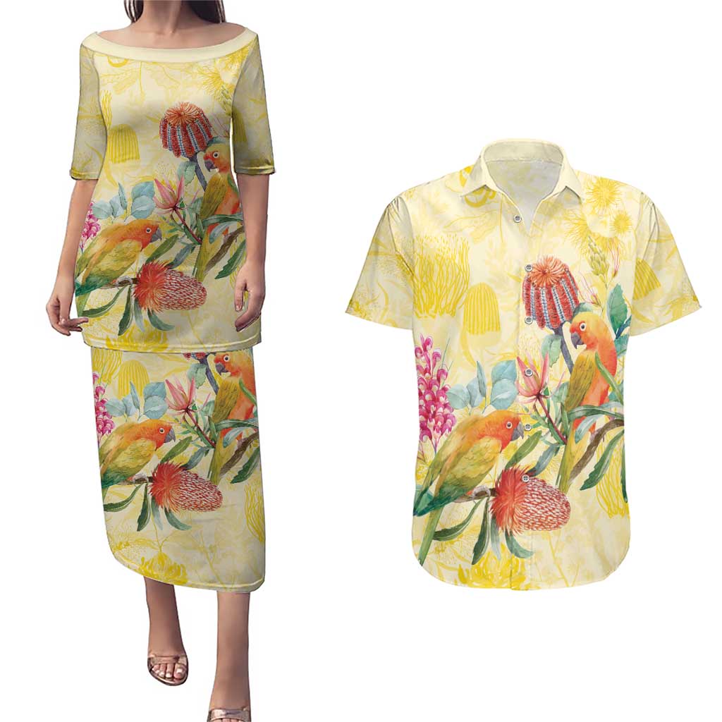 Birds and Floral Aussie Lorikeet Couples Matching Puletasi and Hawaiian Shirt Pastel Yellow - Aussie Hoodie