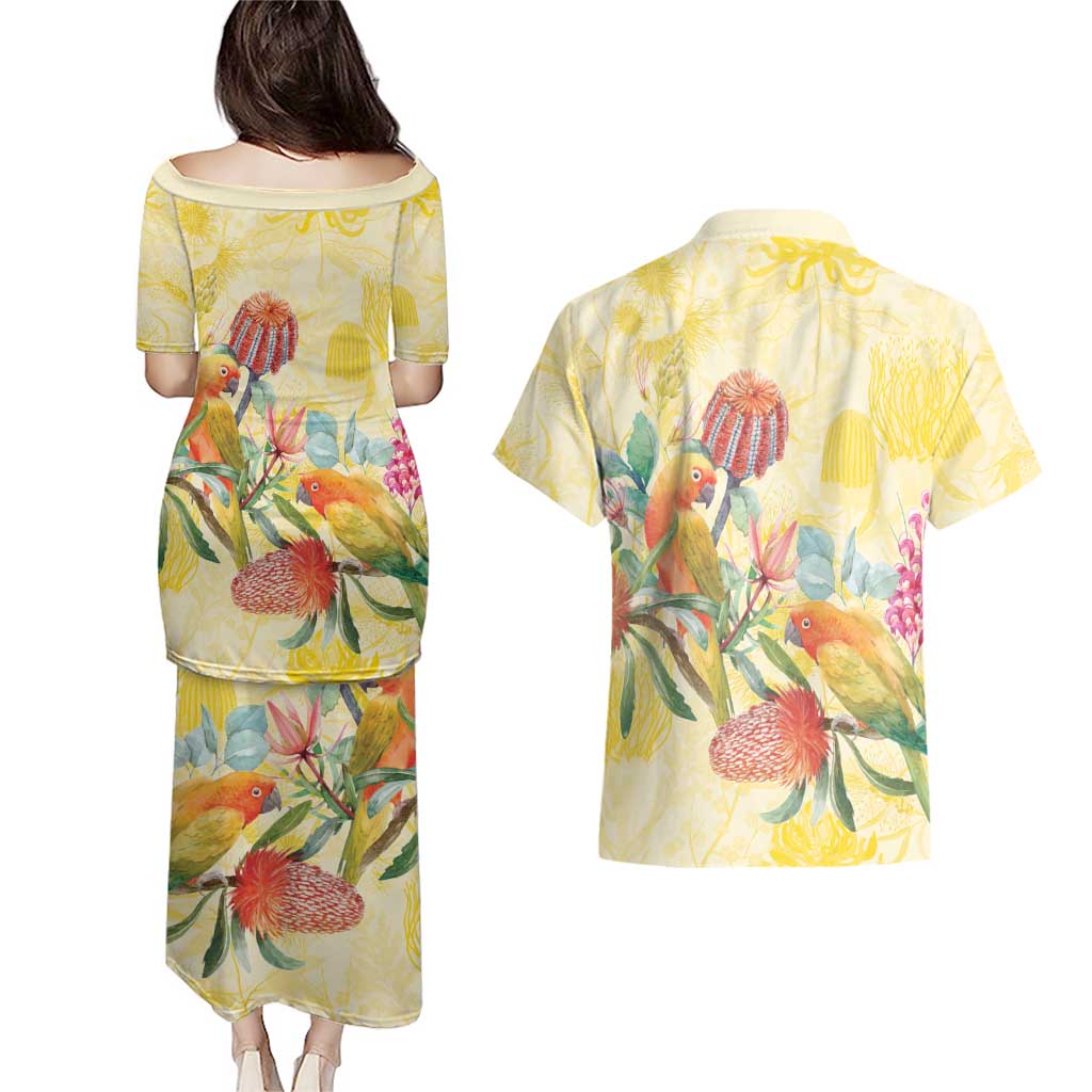 Birds and Floral Aussie Lorikeet Couples Matching Puletasi and Hawaiian Shirt Pastel Yellow - Aussie Hoodie