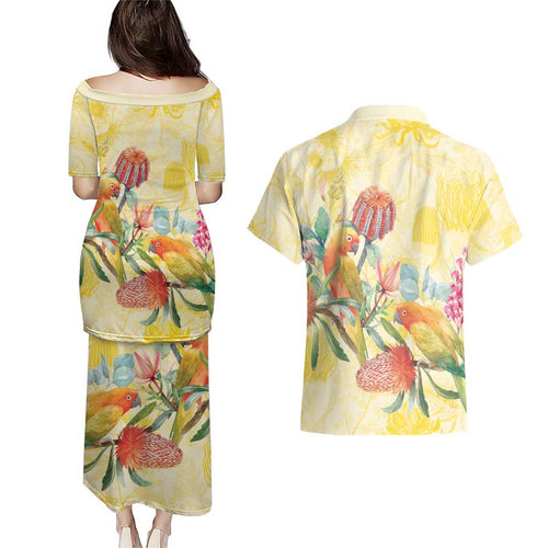 Birds and Floral Aussie Lorikeet Couples Matching Puletasi and Hawaiian Shirt Pastel Yellow - Aussie Hoodie