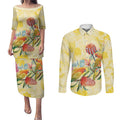 Birds and Floral Aussie Lorikeet Couples Matching Puletasi and Long Sleeve Button Shirt Pastel Yellow - Aussie Hoodie