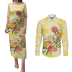Birds and Floral Aussie Lorikeet Couples Matching Puletasi and Long Sleeve Button Shirt Pastel Yellow - Aussie Hoodie
