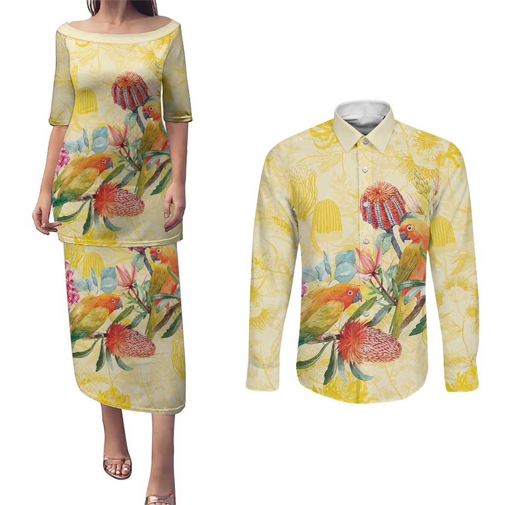 Birds and Floral Aussie Lorikeet Couples Matching Puletasi and Long Sleeve Button Shirt Pastel Yellow - Aussie Hoodie
