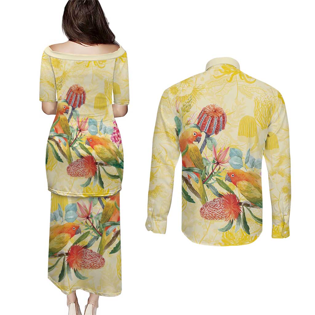 Birds and Floral Aussie Lorikeet Couples Matching Puletasi and Long Sleeve Button Shirt Pastel Yellow - Aussie Hoodie