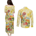 Birds and Floral Aussie Lorikeet Couples Matching Puletasi and Long Sleeve Button Shirt Pastel Yellow - Aussie Hoodie