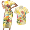 Birds and Floral Aussie Lorikeet Couples Matching Short Sleeve Bodycon Dress and Hawaiian Shirt Pastel Yellow - Aussie Hoodie
